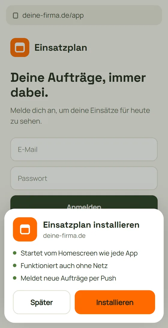 Die Startseite der Beispiel-App im Browser, unten das Angebot, die App zu installieren