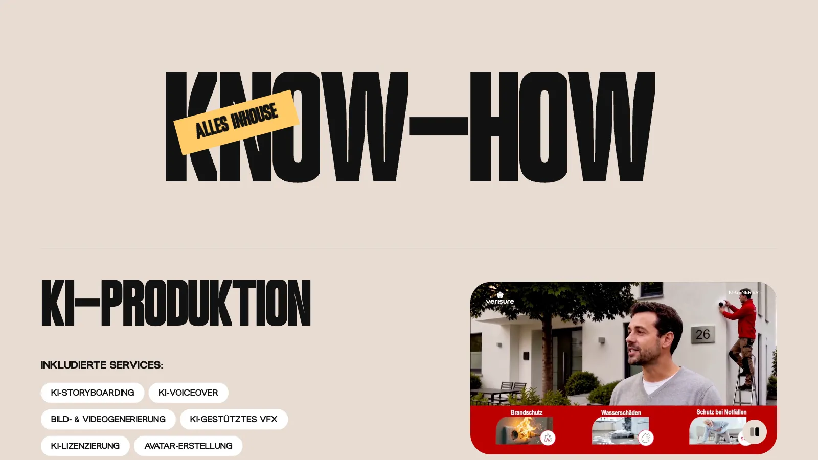 Know-how auf bittersweet-brands.de: auf hellem Leinen-Grund die Überschrift Know-how mit gelbem Etikett Alles inhouse, darunter KI-Produktion mit sechs Leistungs-Etiketten und rechts ein Clip