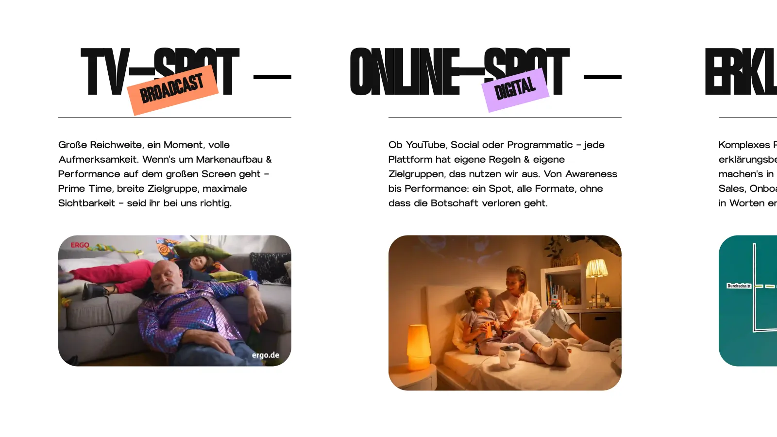 Leistungen auf bittersweet-brands.de: in riesigen schwarzen Versalien TV-Spot, Online-Spot und Erklärfilm nebeneinander, darauf schräge Etiketten Broadcast, Digital und Explainer, darunter je ein kurzer Text und ein Standbild aus einem Spot