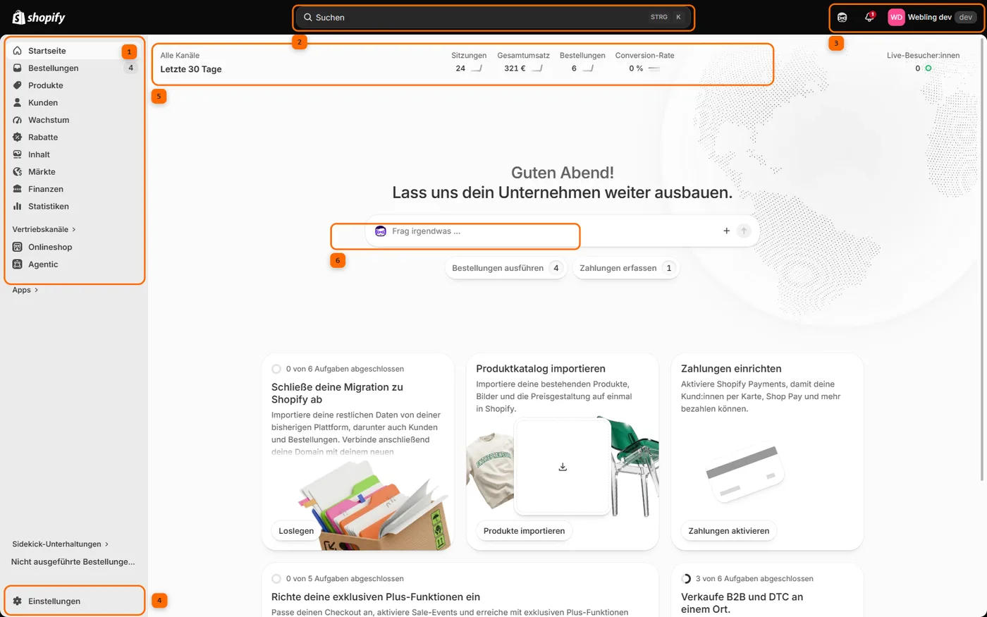 Der Shopify Admin mit markierter Hauptnavigation, globaler Suche, Sidekick-Bereich, Einstellungen, Kennzahlenleiste und Sidekick-Eingabefeld