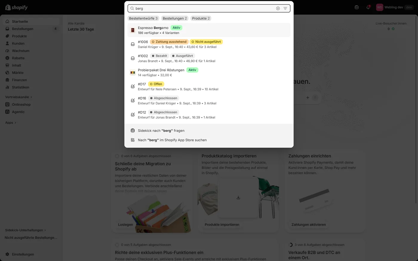 Die globale Suche im Shopify Admin zeigt zu „berg“ ein Produkt, zwei Bestellungen und drei Entwürfe