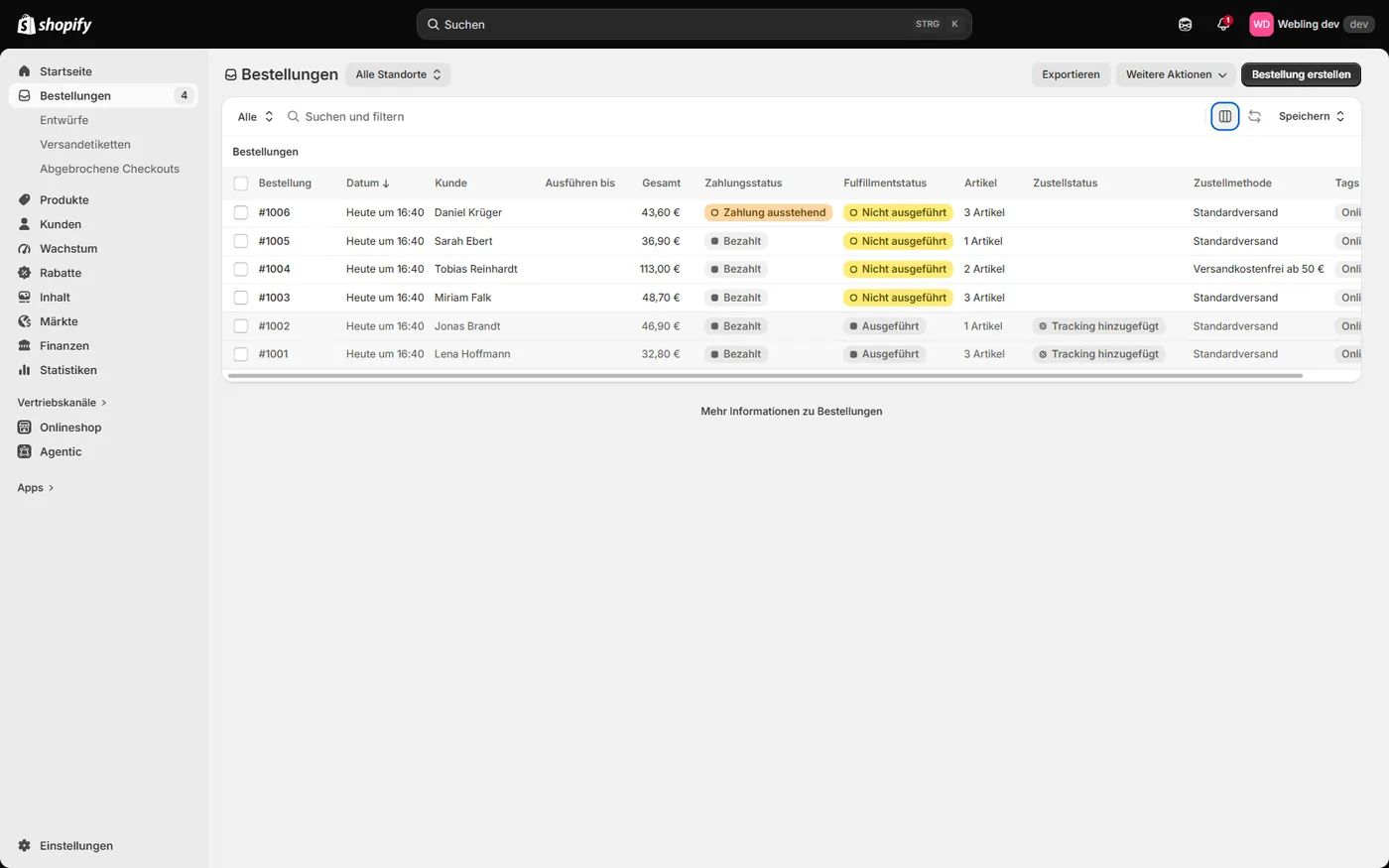 Bestellliste im Shopify Admin mit gemischten Zahlungs- und Fulfillmentstatus