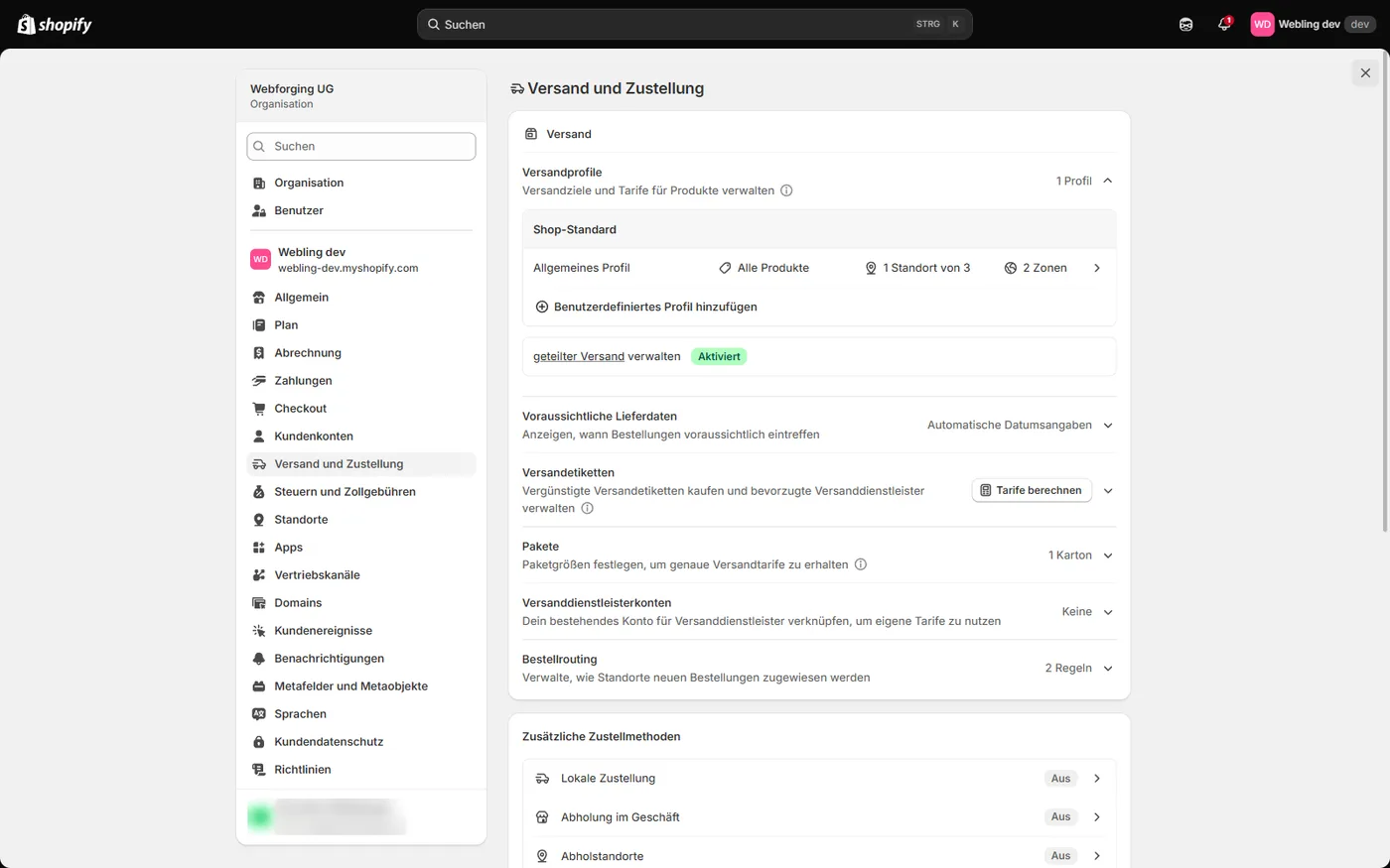 Versand und Zustellung mit Versandprofilen, Lieferdaten, Versandetiketten, Paketen und Bestellrouting