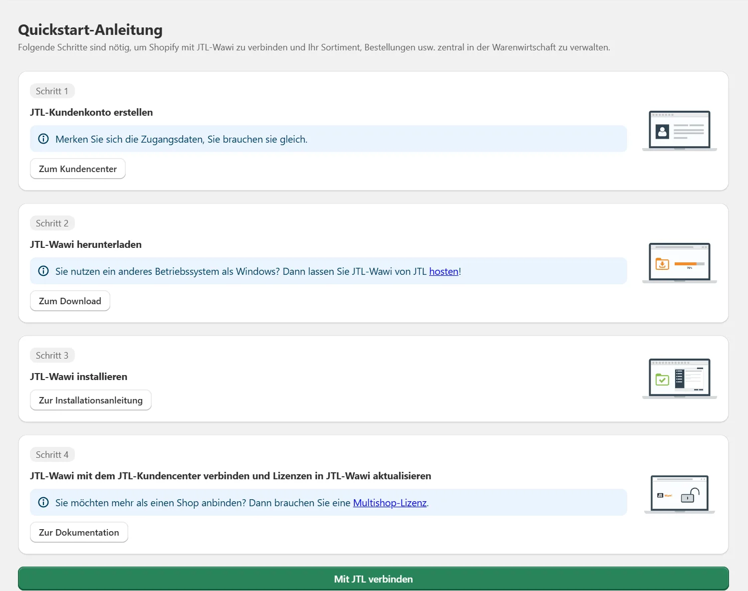 Die App „JTL ERP-Connector“ im Shopify-Adminbereich zeigt eine Quickstart-Anleitung mit vier Schritten: JTL-Kundenkonto erstellen, JTL-Wawi herunterladen, installieren und mit dem Kundencenter verbinden, darunter der Knopf „Mit JTL verbinden“