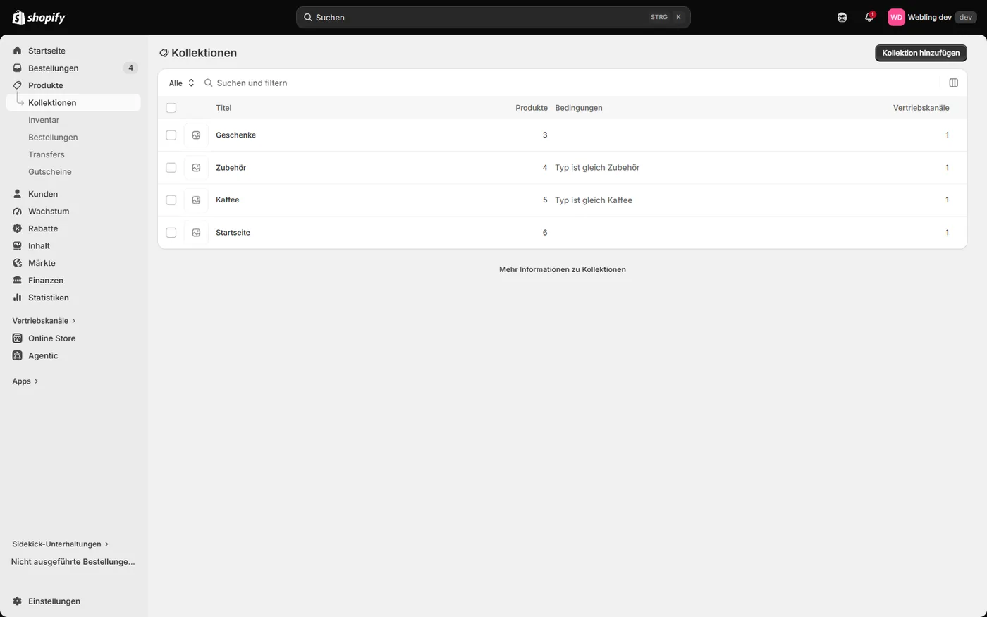 Kollektionsübersicht im Shopify Admin mit manuellen und automatischen Kollektionen