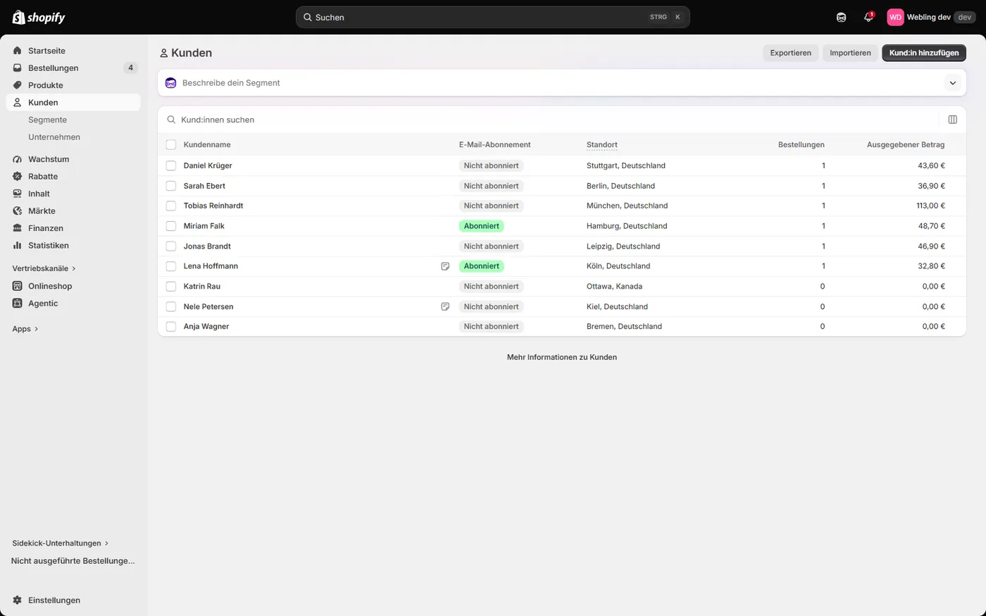 Kundenliste im Shopify Admin mit Spalten für E-Mail-Abonnement, Standort, Bestellungen und ausgegebenen Betrag