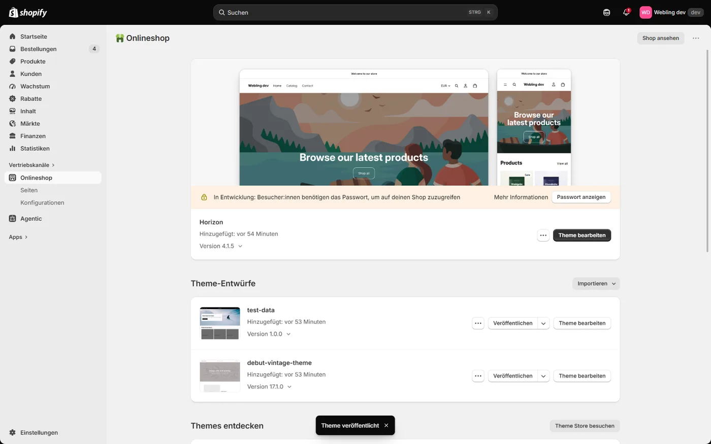 Der Onlineshop-Kanal mit Live-Theme Horizon, Vorschau, Passworthinweis und zwei Theme-Entwürfen