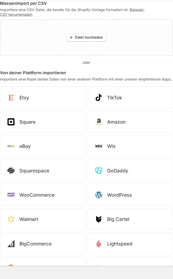 Der Importdialog für Produkte im Shopify-Adminbereich: oben der Massenimport per CSV, darunter die empfohlenen Apps je Herkunftssystem