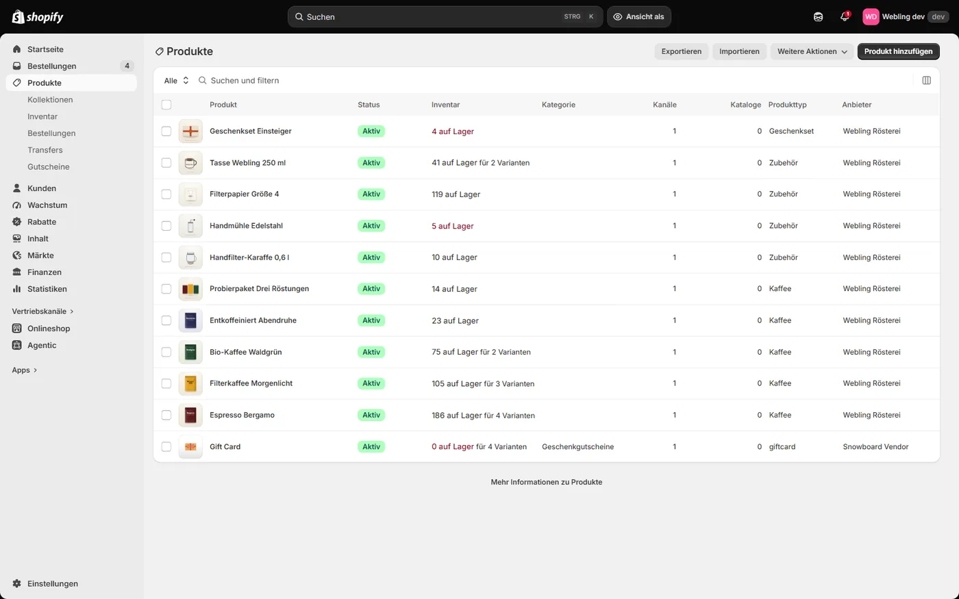 Produktliste im Shopify Admin mit Spalten für Status, Inventar, Kanäle, Kataloge, Produkttyp und Anbieter