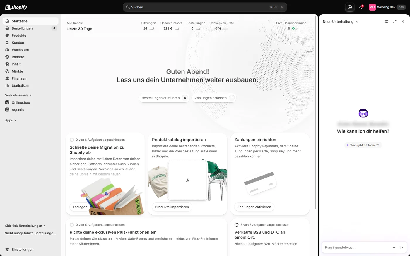 Der Shopify Admin mit geöffnetem Sidekick-Panel am rechten Rand