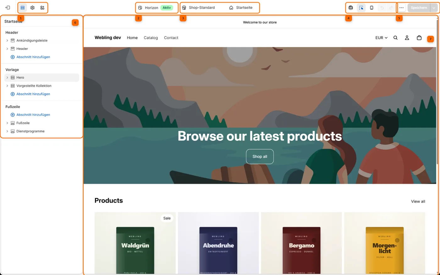 Der Shopify Theme-Editor mit markierter Werkzeugleiste, Theme- und Vorlagenauswahl, Vorschauoptionen, Abschnittsliste und Live-Vorschau
