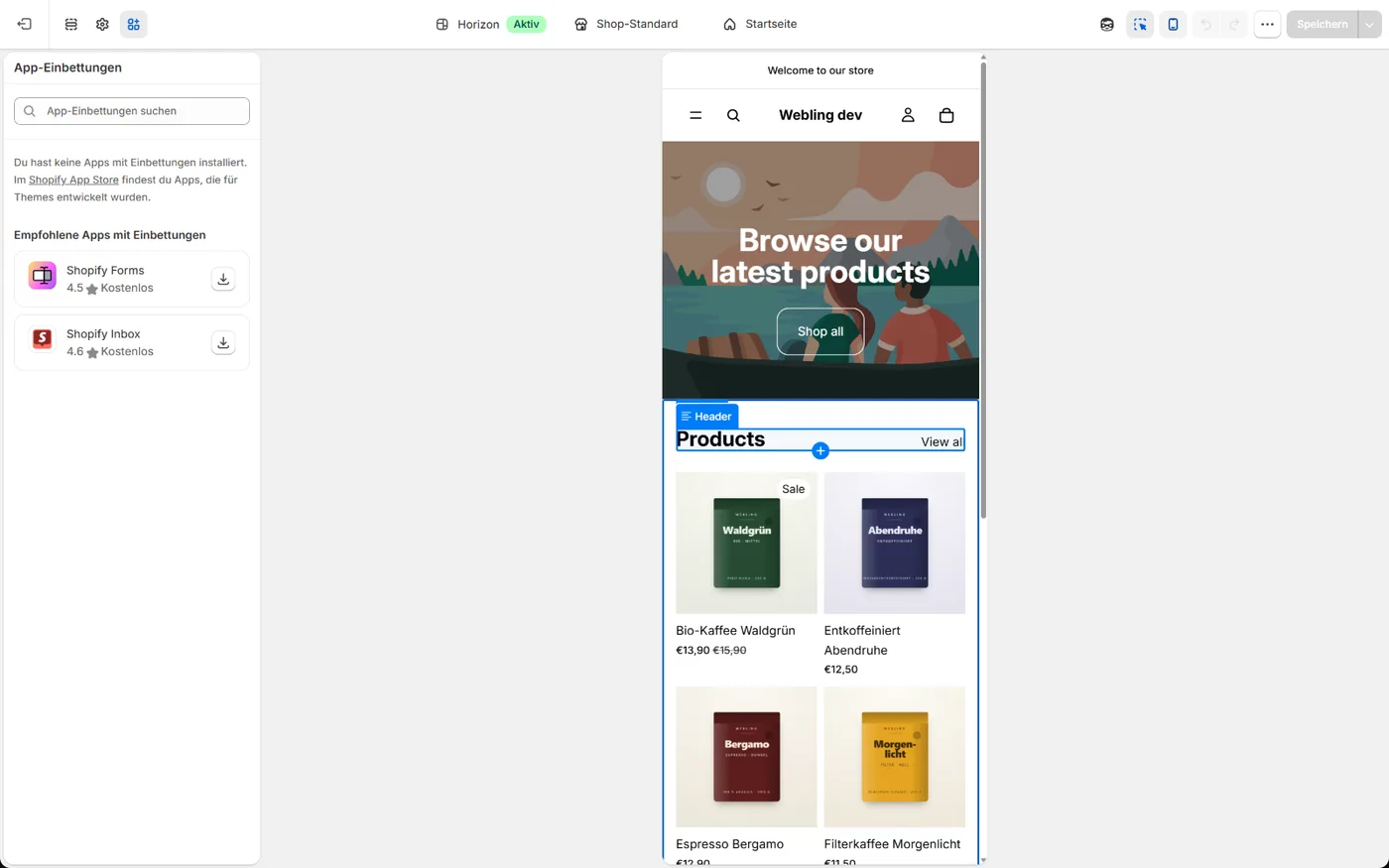 Der Theme-Editor in der mobilen Vorschau
