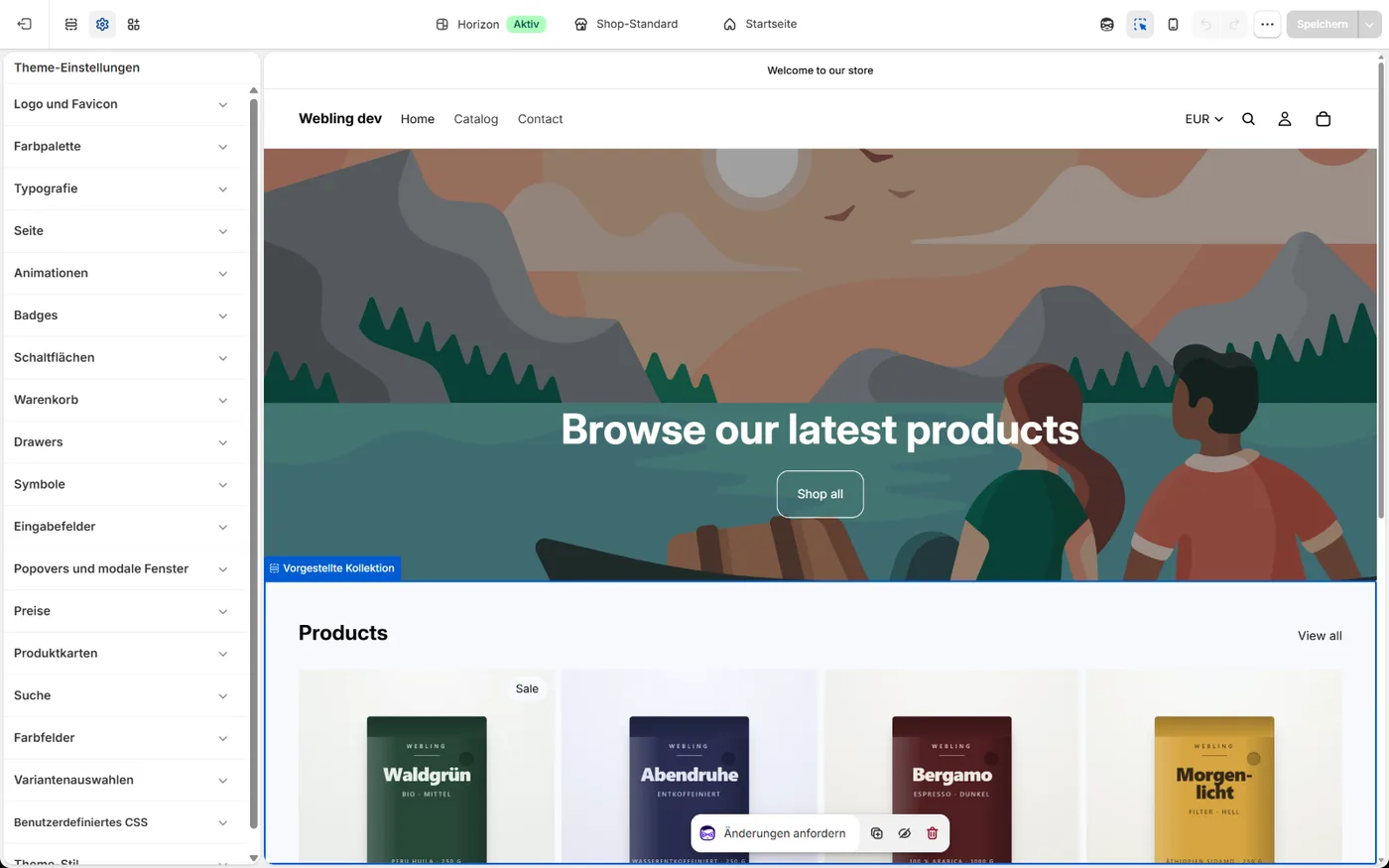 Die Theme-Einstellungen mit Gruppen für Logo, Farbpalette, Typografie, Seite, Animationen, Schaltflächen, Warenkorb, Produktkarten und benutzerdefiniertes CSS