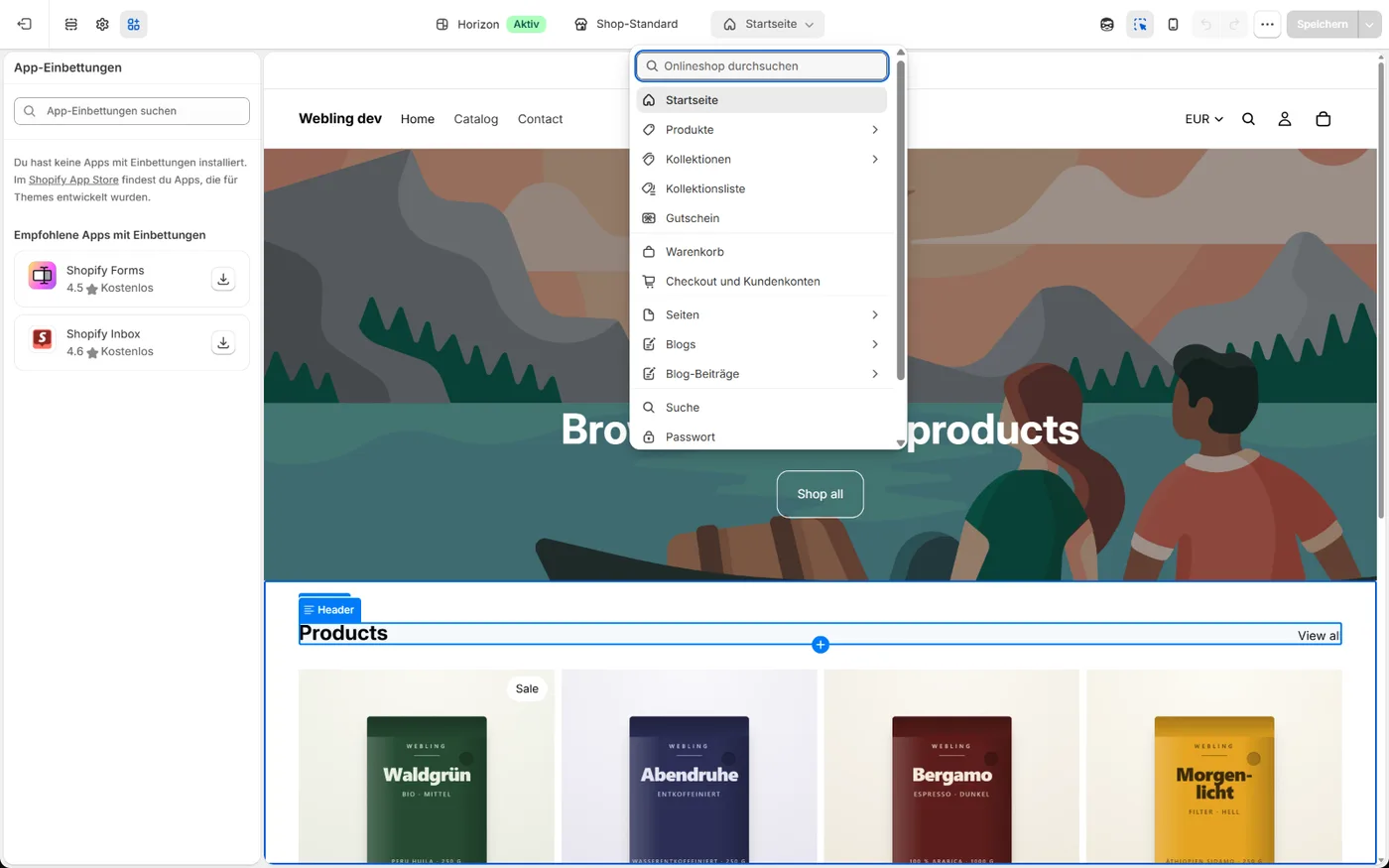 Die geöffnete Vorlagenauswahl mit Startseite, Produkten, Kollektionen, Warenkorb, Checkout, Seiten, Blogs, Suche und Passwort, daneben das Panel für App-Einbettungen