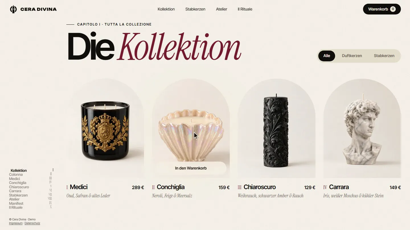 Kollektion auf cera-divina.com: Überschrift „Die Kollektion“, darunter vier Kerzen in Bogennischen, Medici, Conchiglia, Chiaroscuro und Carrara mit Preisen zwischen 129 und 289 Euro