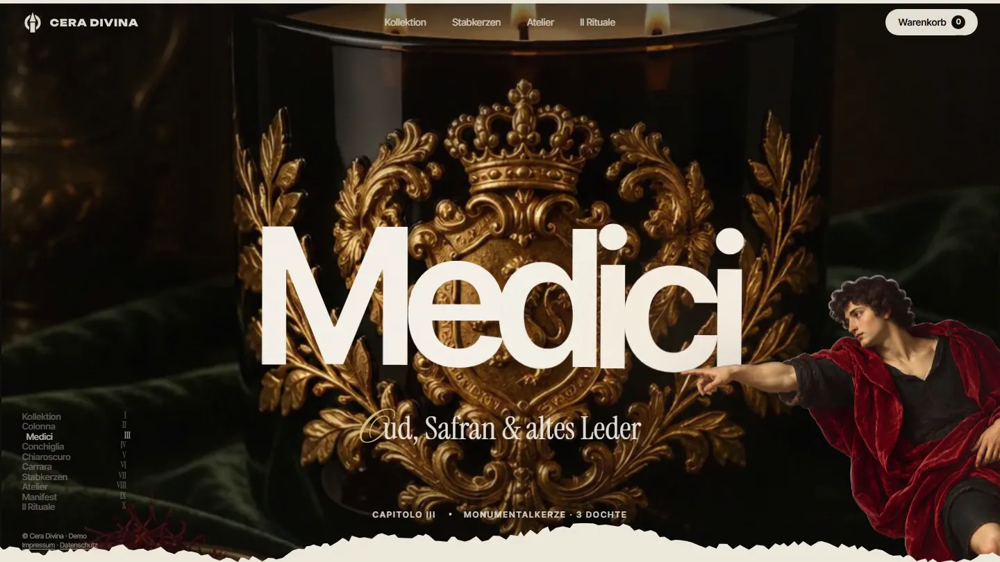 Kapitel „Medici“ auf cera-divina.com: riesiger weißer Schriftzug über einem goldenen Wappen auf schwarzer Kerze, rechts ragt ein junger Mann im roten Umhang ins Bild, darunter „Oud, Safran & altes Leder“ in Schreibschrift