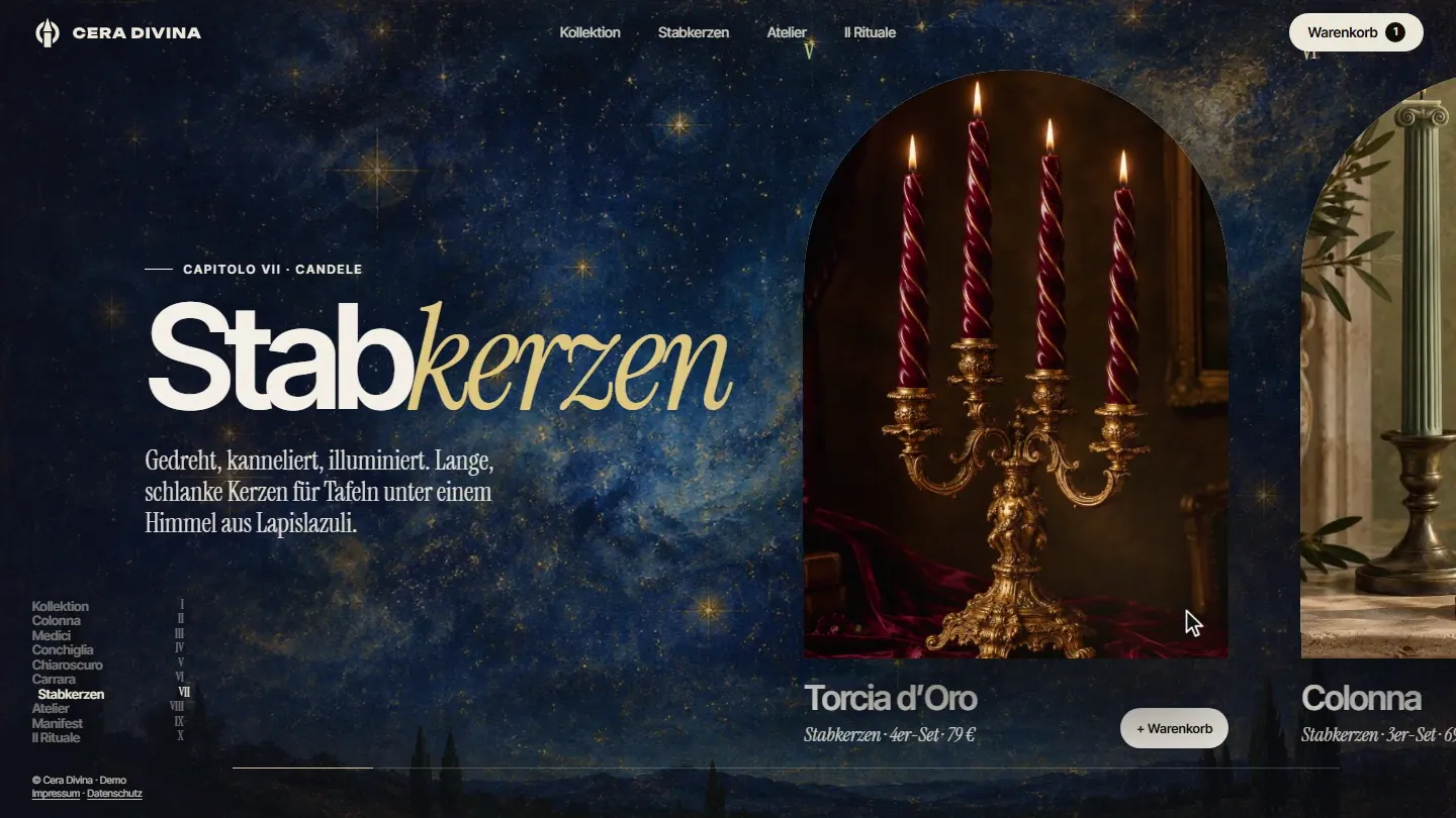 Galerie „Stabkerzen“ auf cera-divina.com: dunkelblauer Sternenhimmel, links der Titel, rechts ein goldener Kerzenleuchter mit roten gedrehten Kerzen in einem Bogen