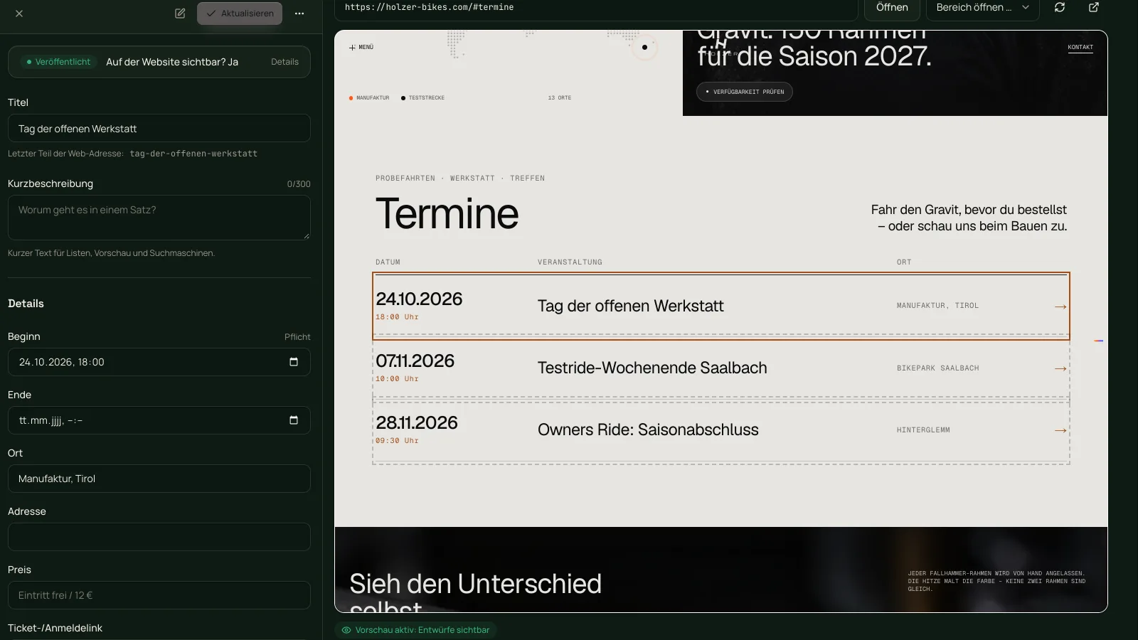 Live-Vorschau des Webforging CMS mit der Terminliste auf der HOLZER-Website: der neue Termin „Tag der offenen Werkstatt“ am 24.10.2026 um 18:00 Uhr steht markiert ganz oben, darunter zwei weitere Termine