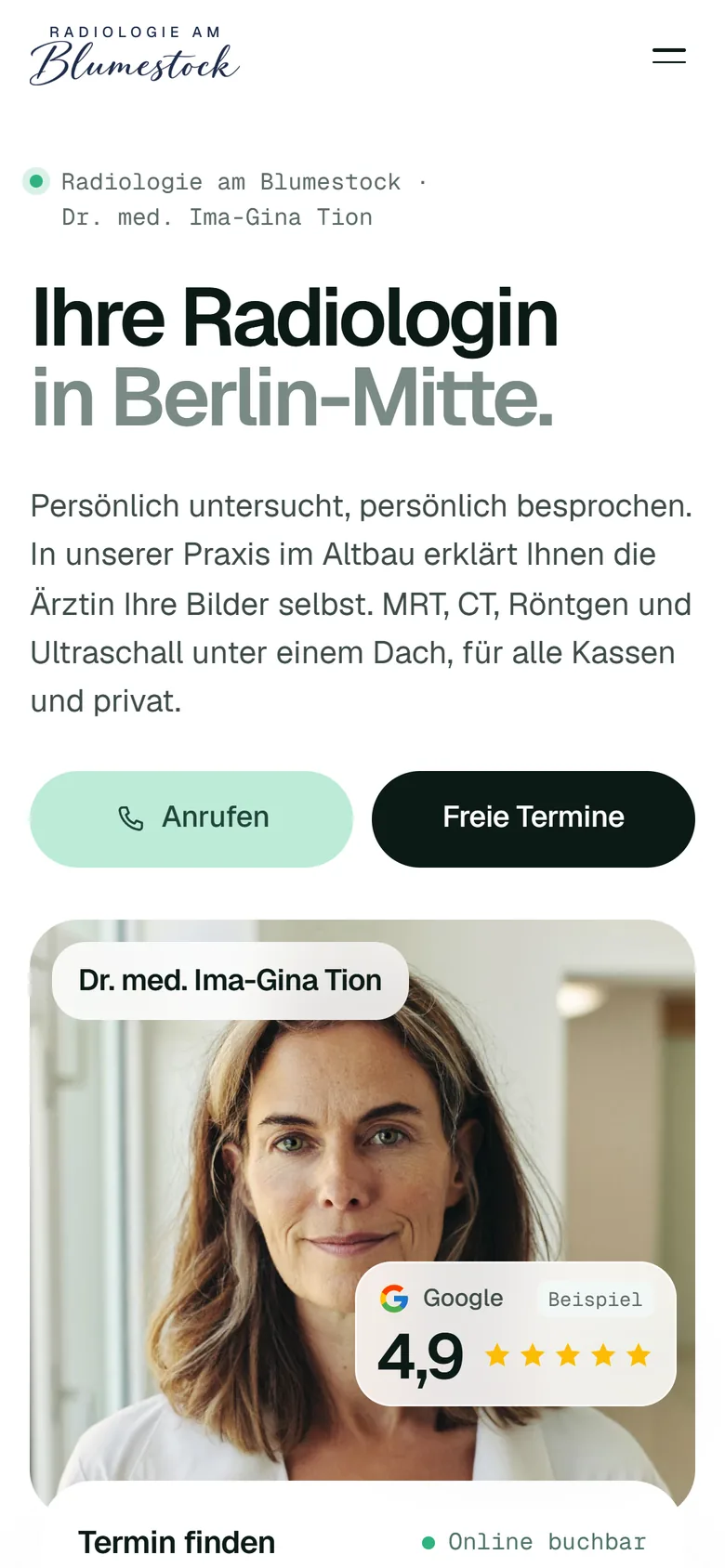 Startseite von drimagination.de am iPhone: Headline „Ihre Radiologin in Berlin-Mitte.“, darunter die Knöpfe Anrufen und Freie Termine und das Porträt der Ärztin