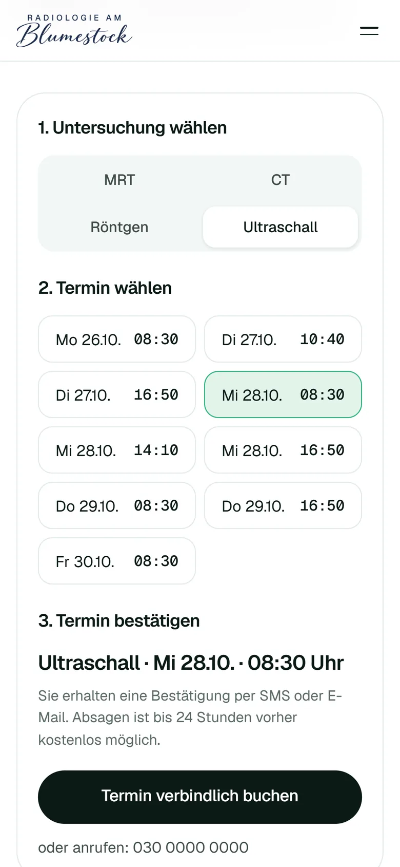 Buchungsseite von drimagination.de am iPhone: Ultraschall gewählt, Termin am Mittwoch markiert, darunter die Bestätigung und der Knopf „Termin verbindlich buchen“