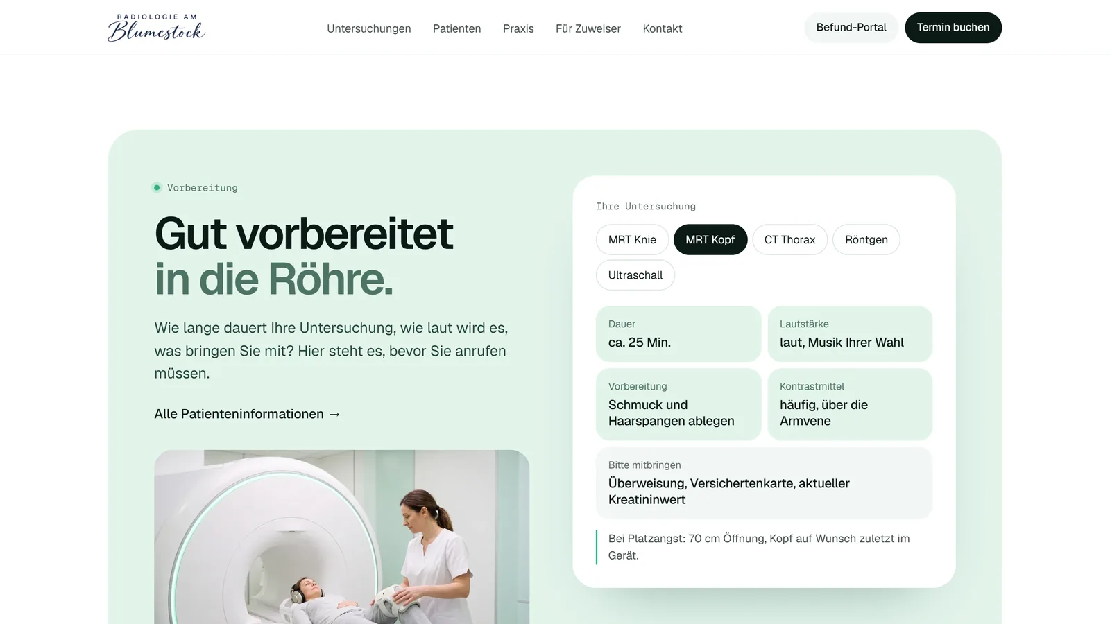 Untersuchungs-Kompass auf drimagination.de: links die Headline „Gut vorbereitet in die Röhre.“ und ein Foto vom MRT, rechts eine Karte mit Reitern für MRT Knie, MRT Kopf, CT Thorax, Röntgen und Ultraschall, gewählt ist MRT Kopf mit Dauer, Lautstärke, Vorbereitung, Kontrastmittel und Mitbringliste