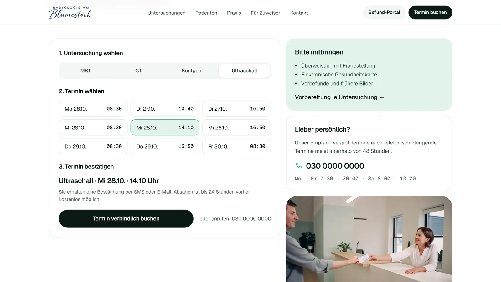 Buchungsseite auf drimagination.de: links die drei Schritte Untersuchung wählen, Termin wählen und Termin bestätigen mit einem ausgewählten Ultraschall-Termin, rechts die Liste „Bitte mitbringen“, ein Kasten für Anrufe und ein Foto vom Empfang
