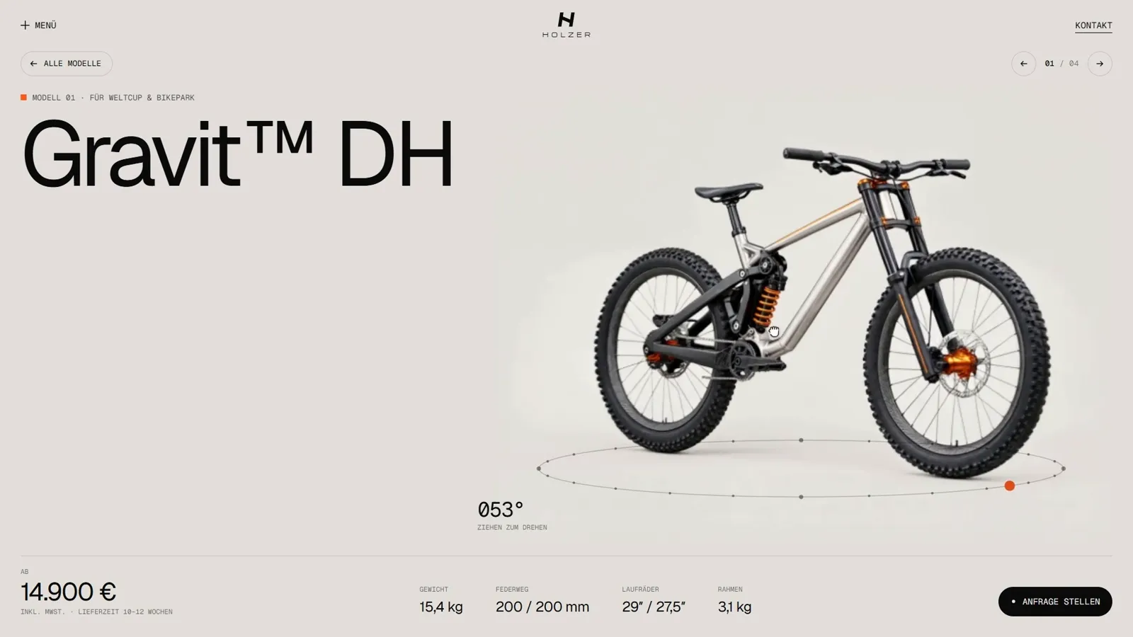 Produktseite des Gravit™ DH: das Bike auf hellem Grund im 360°-Viewer mit Winkelanzeige, darunter Preis und Kennzahlen