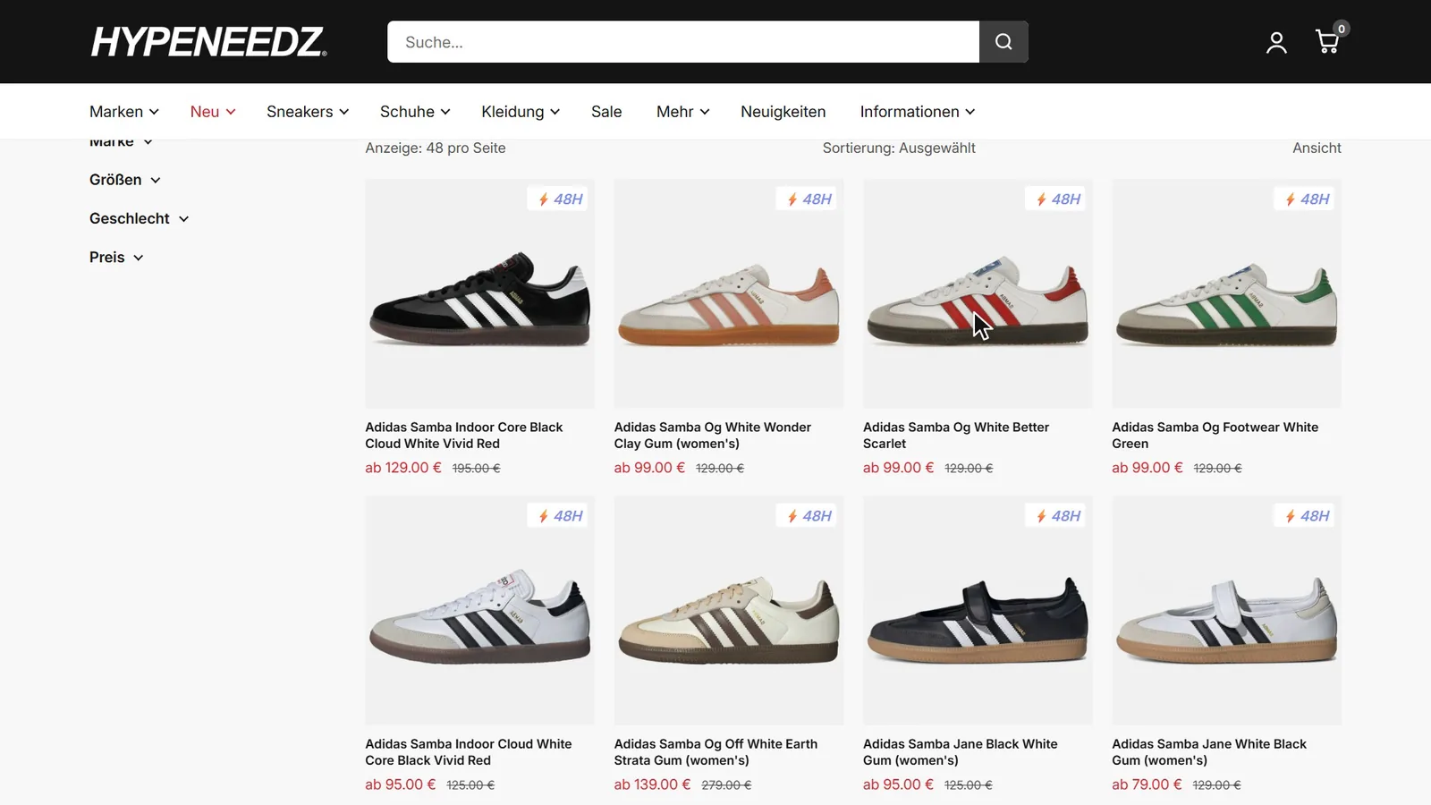 Kategorie Adidas Samba auf hypeneedz.com: links die Filter, rechts acht Samba-Modelle im Raster mit Bild, Name, rotem Sonderpreis und durchgestrichenem Normalpreis, die Karte Better Scarlet leicht angehoben