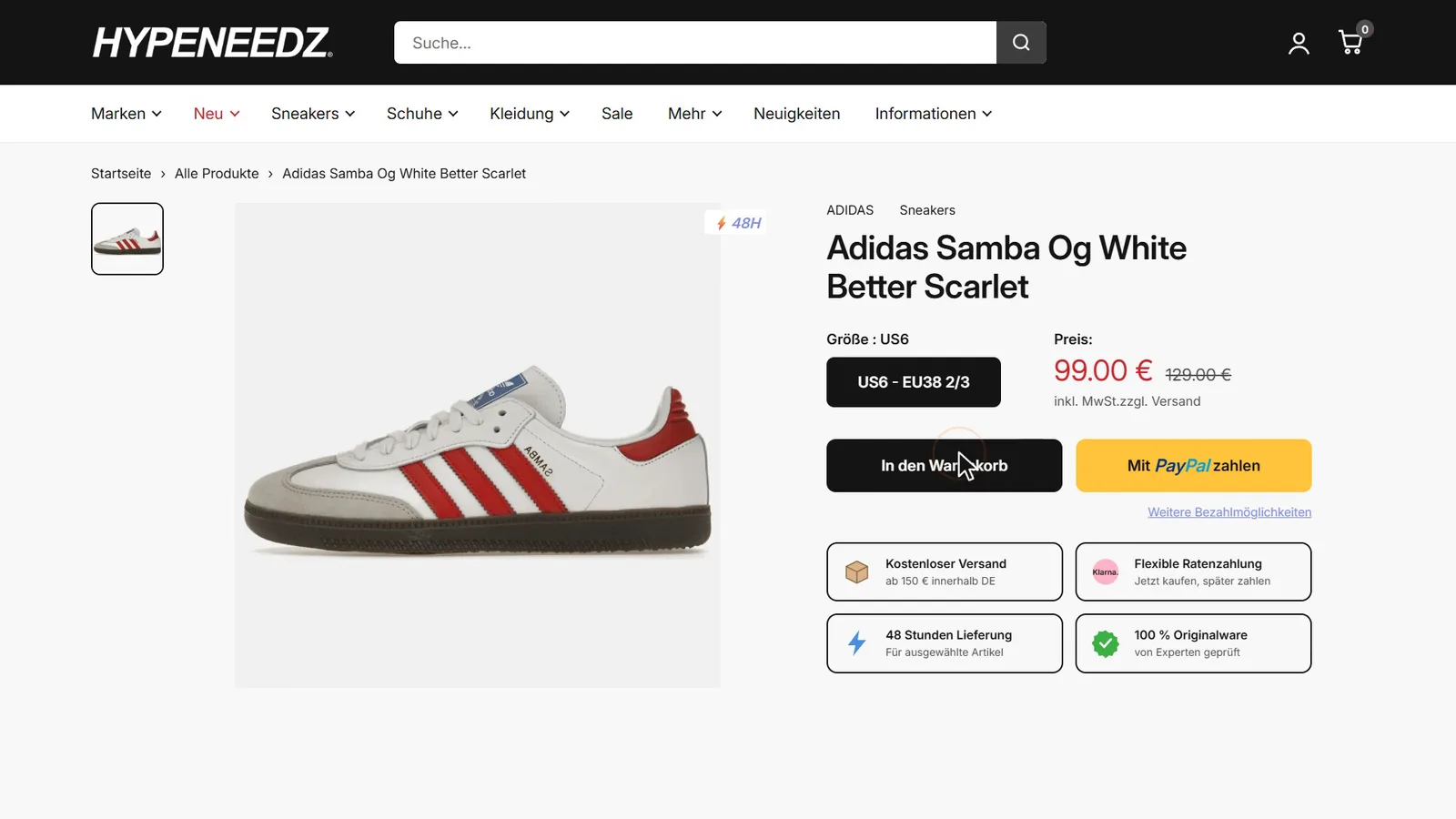 Produktseite des Adidas Samba OG White Better Scarlet auf hypeneedz.com: links das Produktbild, rechts Titel, gewählte Größe US6, Preis 99 Euro statt 129 Euro, die Knöpfe In den Warenkorb und Mit PayPal zahlen und vier Kacheln zu Versand, Ratenzahlung, Lieferzeit und Originalware