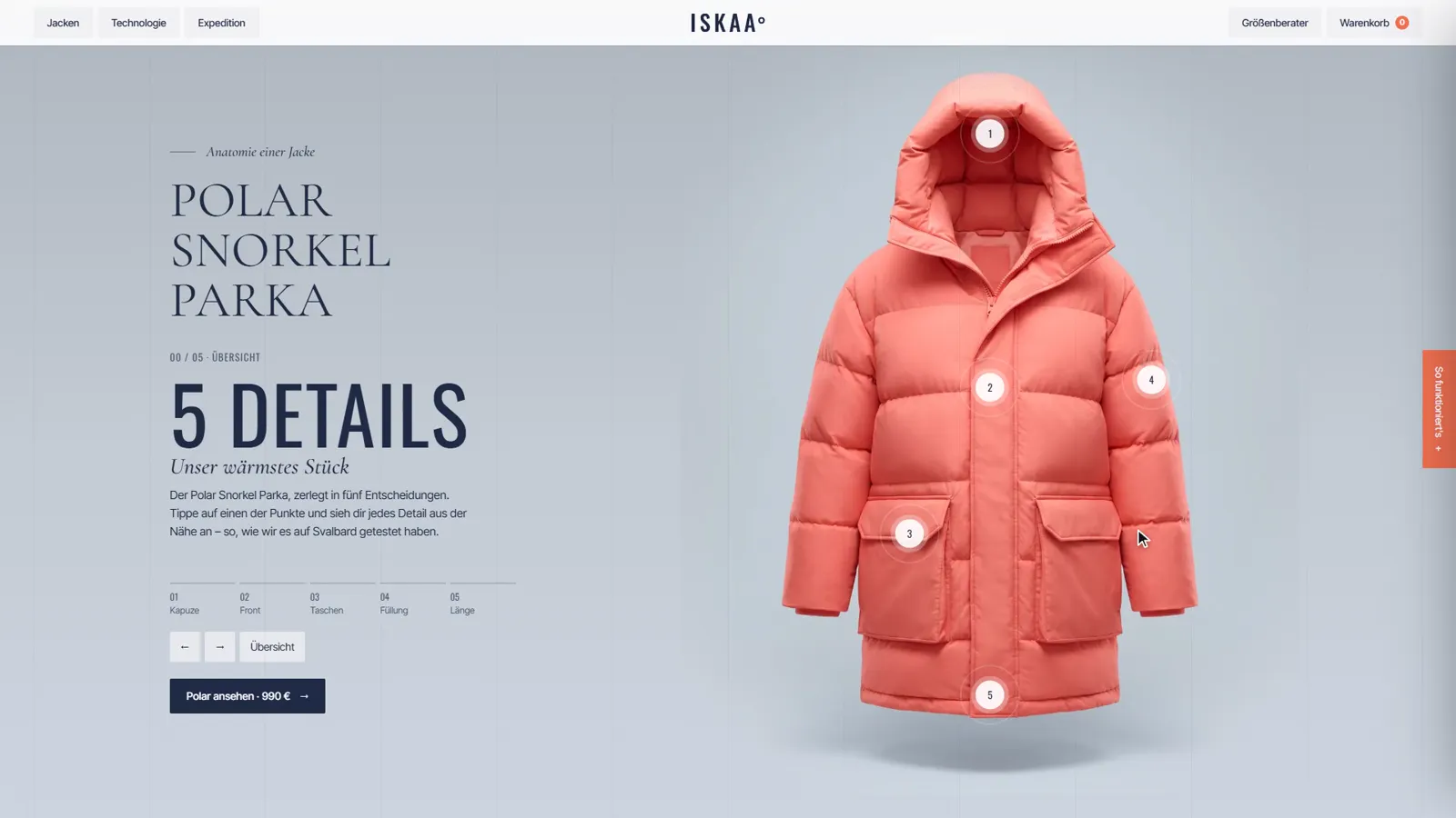 Jacken-Anatomie auf iskaa.de: links die Überschrift „Polar Snorkel Parka“ und „5 Details“, rechts der korallrote Parka freigestellt auf hellgrauem Grund mit fünf nummerierten Punkten