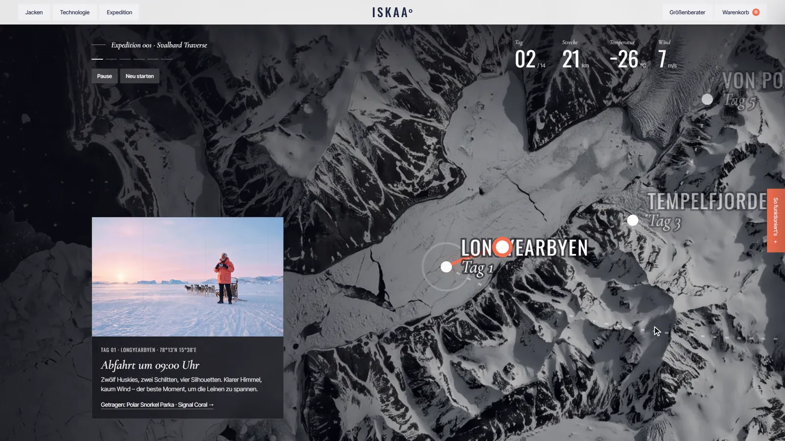 Expeditionskarte auf iskaa.de: Satellitenbild von Svalbard in Schwarzweiß mit Stationen wie Longyearbyen und Tempelfjorden, links eine Karte mit Foto und Bericht zur Abfahrt, oben Tag, Kilometer und Temperatur