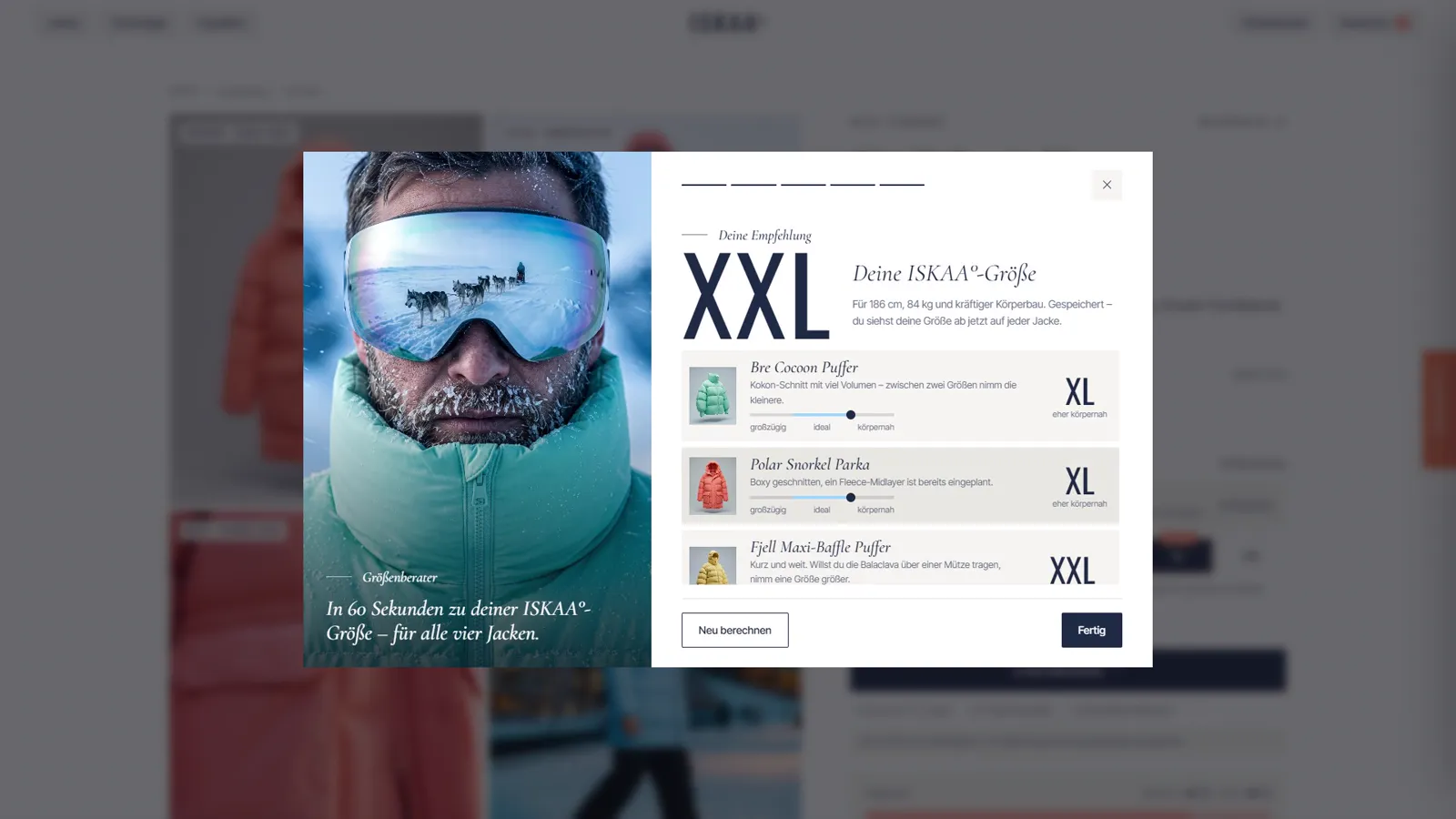 Größenberater auf iskaa.de: links ein Porträt mit vereister Schneebrille, rechts die Empfehlung „XXL“ als Ergebnis und darunter die passende Größe für jede einzelne Jacke