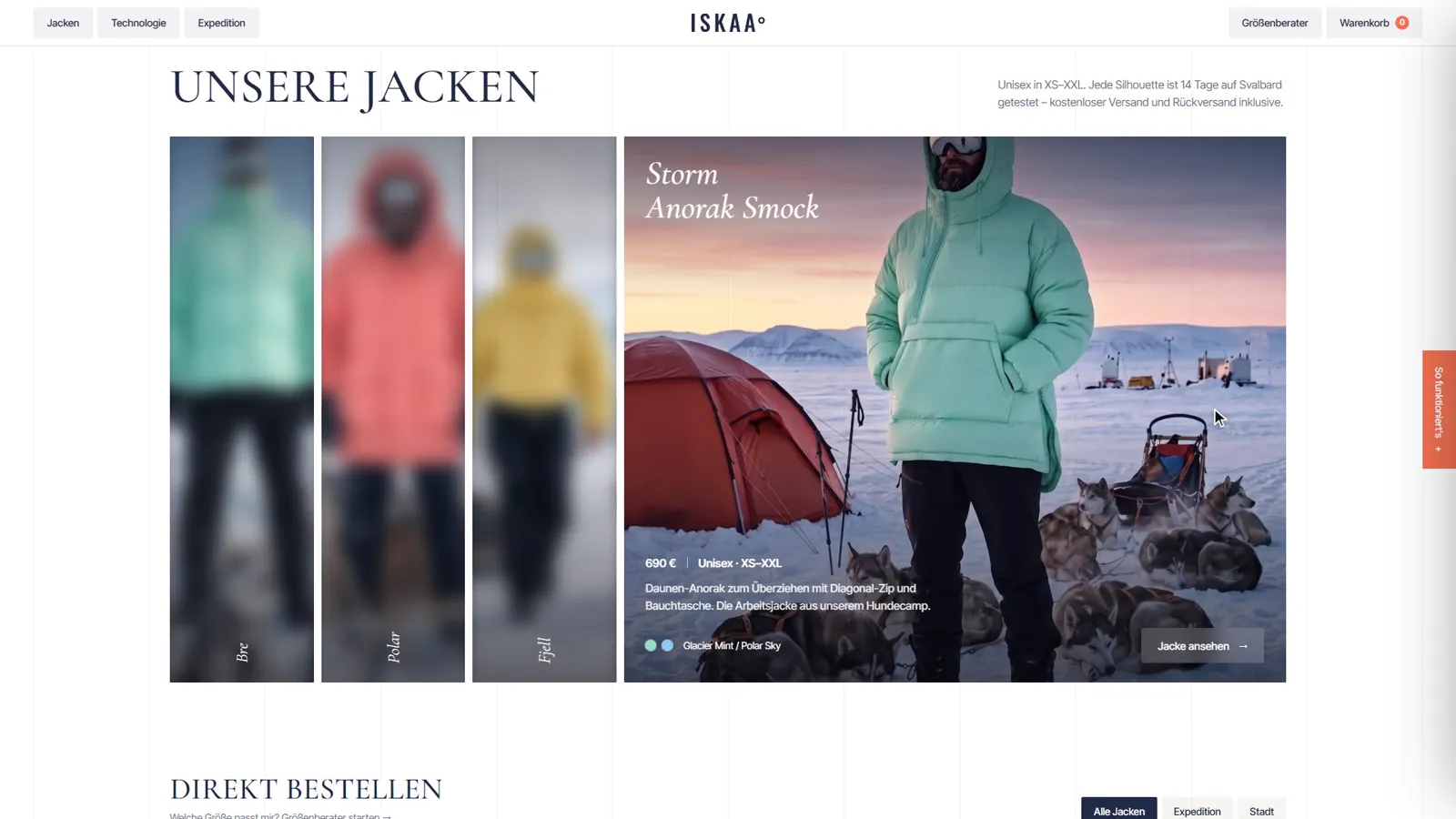 Kollektion auf iskaa.de: Überschrift „Unsere Jacken“, darunter vier hohe Bildstreifen mit Jacken in Mint, Koralle, Gelb und Mint, der mittlere Streifen mit der korallroten Polar ist geöffnet und scharf