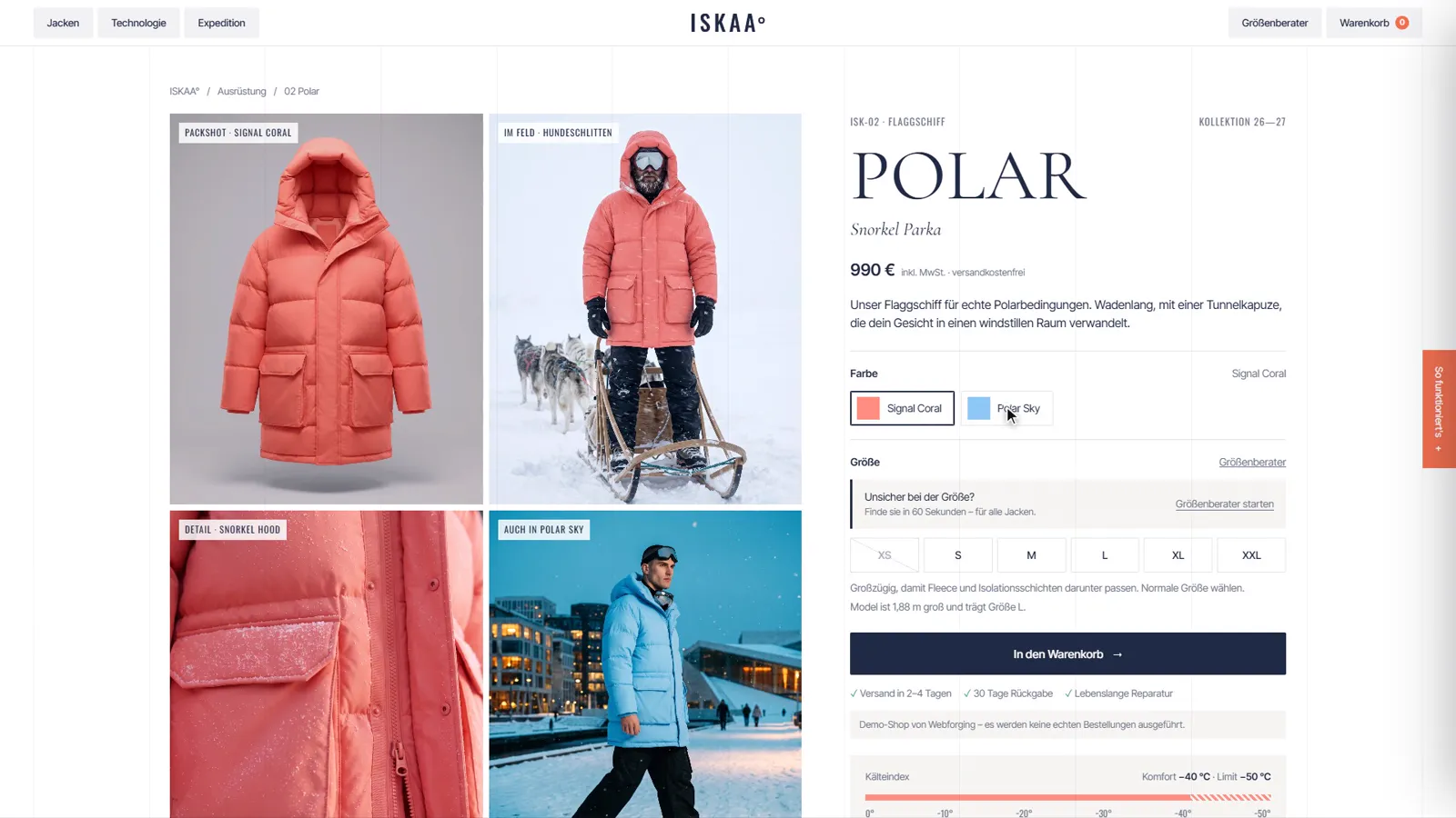 Produktseite der Polar auf iskaa.de: links vier Bilder der Jacke im Studio, mit Hundeschlitten, als Detail und in der Stadt, rechts Titel, Preis 990 Euro, Farbwahl, Größen und der Knopf „In den Warenkorb“