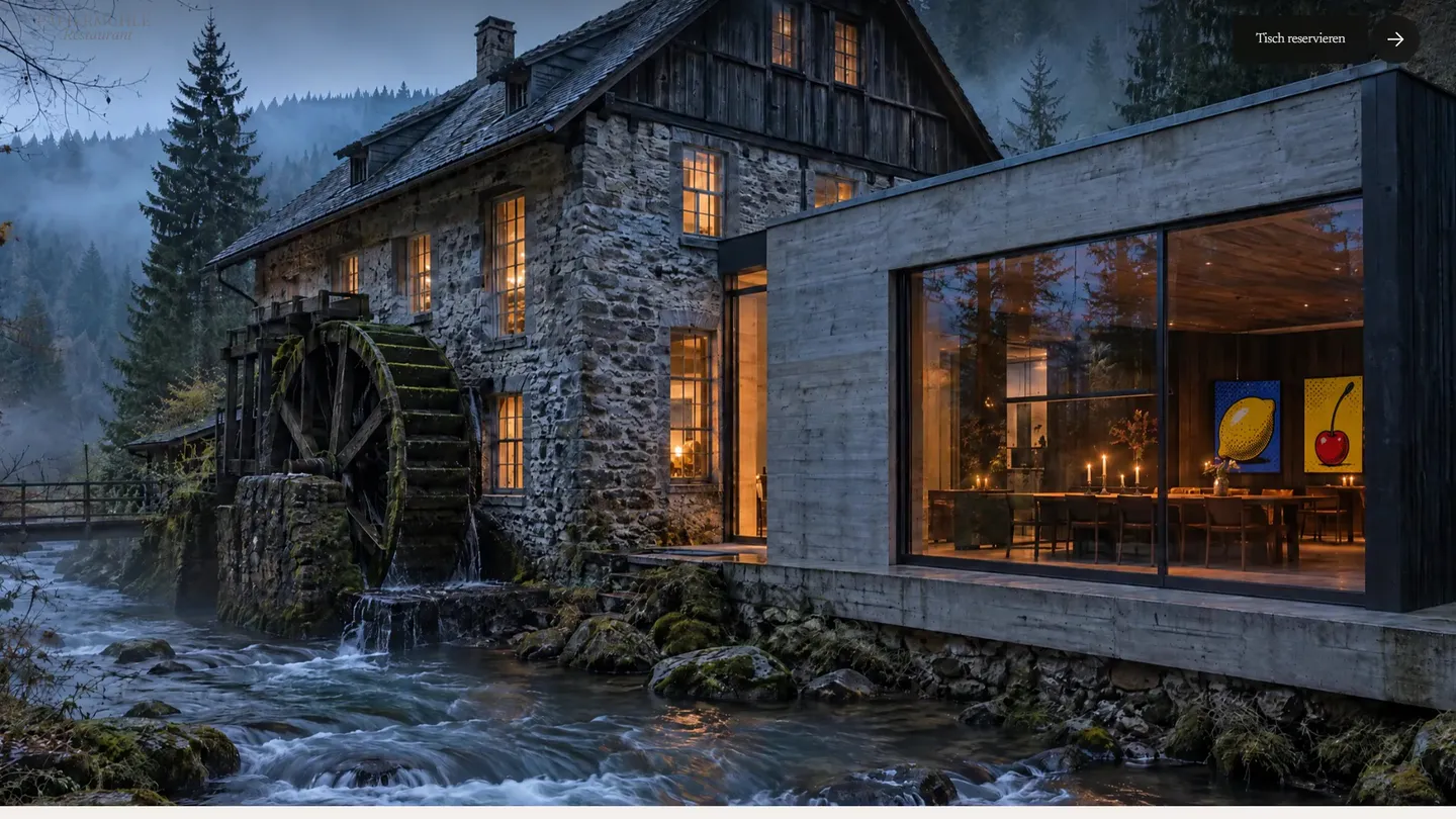 Außenansicht auf papiermühle-restaurant.de: ein Steinhaus mit hölzernem Wasserrad an einem rauschenden Bach im nebligen Schwarzwald, rechts ein Anbau aus Beton mit großer Glasfront, durch die man einen gedeckten Tisch und zwei Pop-Art-Bilder sieht
