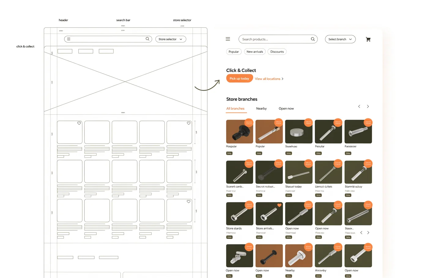 Blueprint-zu-Produkt-Mockup eines Baumarkt-Multi-Stores mit Filialwahl und Click & Collect