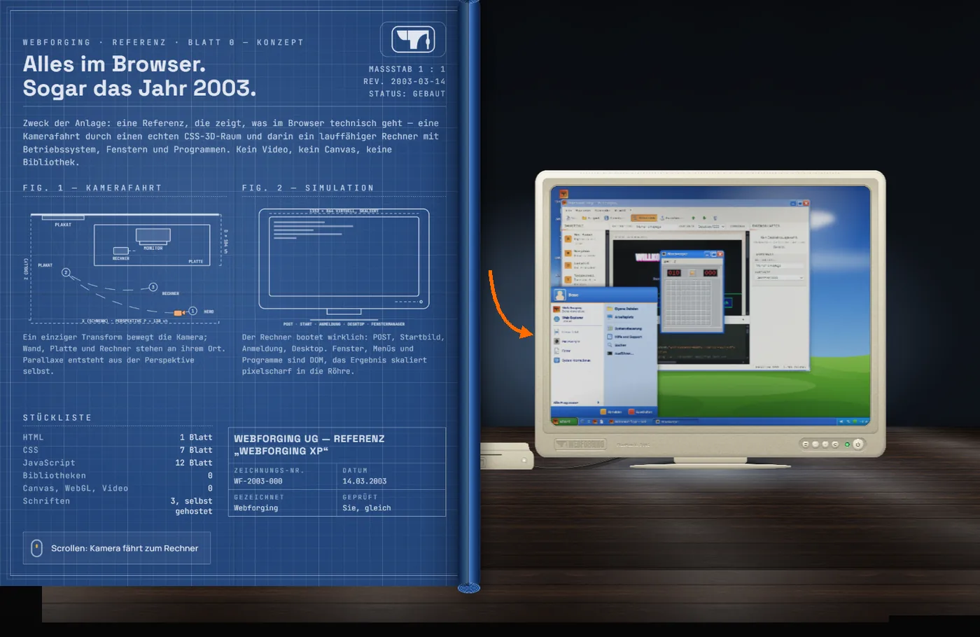 Screenshot von xp.webforging.de: links ein ausgerolltes blaues Konzeptblatt im Blaupausen-Stil mit Kamerafahrt-Skizze und Stückliste, rechts ein beiger Röhrenmonitor auf einer Holzplatte, auf dem ein nachgebautes Windows XP mit geöffneten Fenstern läuft