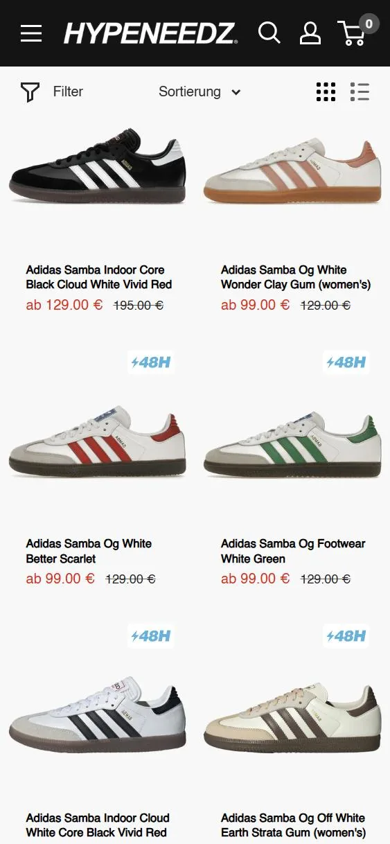 Kategorieseite Adidas Samba auf hypeneedz.com: Filter und Sortierung, darunter sechs Samba-Modelle im Raster mit Preisen