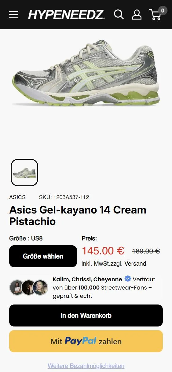 Produktseite eines Asics-Sneakers auf hypeneedz.com: Produktbild, Größenwahl, Preis, Button In den Warenkorb und PayPal