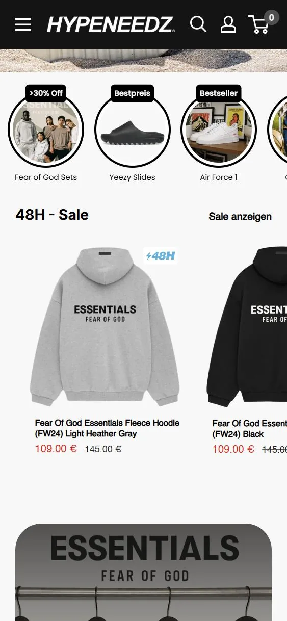 Startseite von hypeneedz.com auf dem Handy: runde Kategorie-Kacheln, darunter der 48-Stunden-Sale mit Hoodies und Preisen