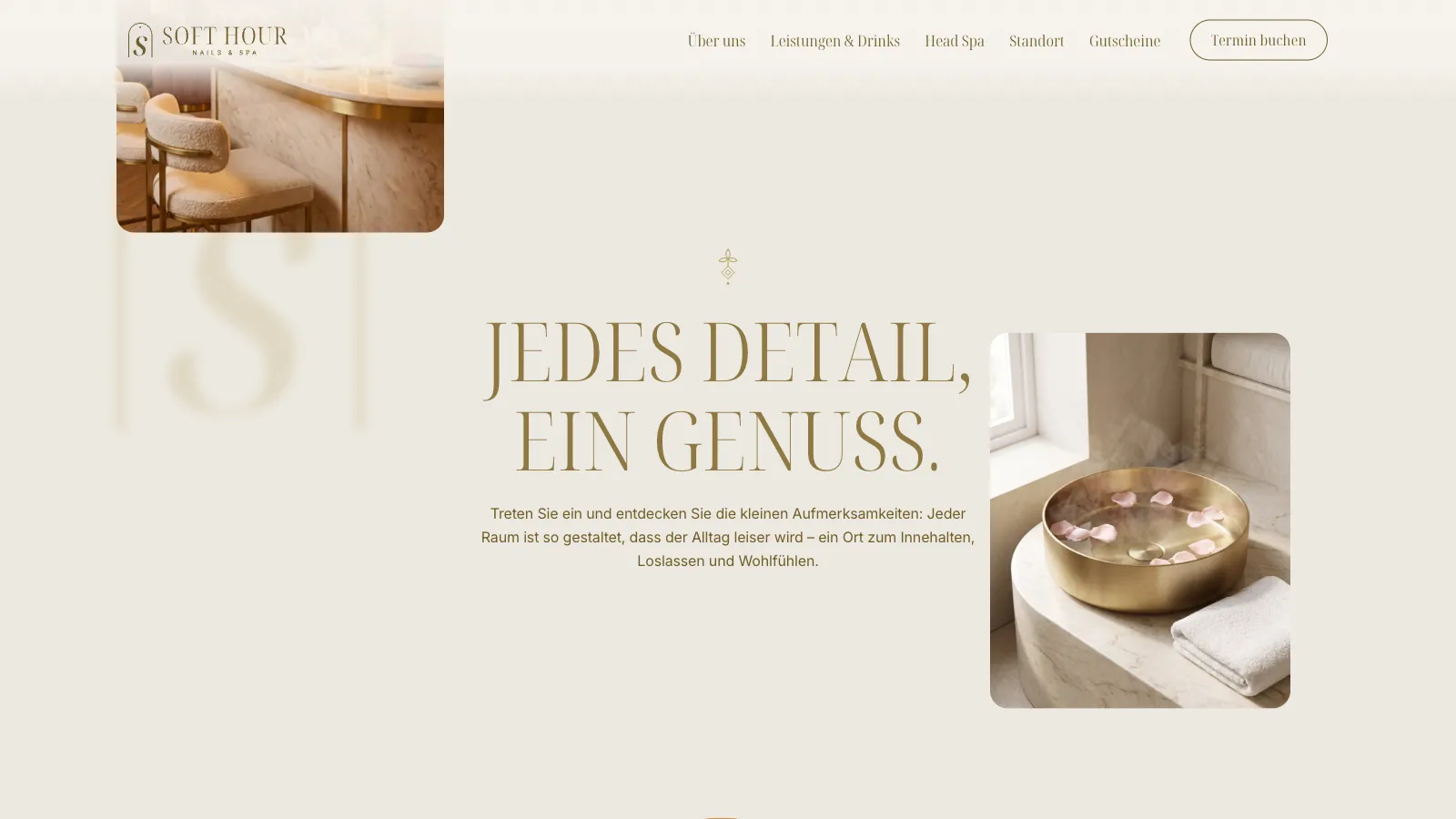 Abschnitt „Jedes Detail, ein Genuss.“ auf soft-hour.de: mittig die Überschrift in goldenen Versalien, rechts ein Foto einer Messingschale mit Rosenblättern auf einem weißen Tuch, links ein Ausschnitt einer Bar mit Hockern, im Hintergrund ein großes, blasses S im Bogen