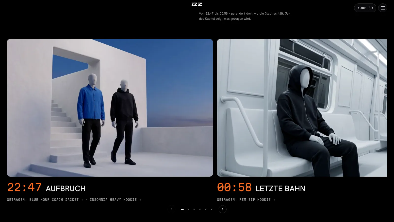Kapitel „Eine Nacht in sechs Kapiteln“ auf streetwearzzz.de: zwei große Bilder nebeneinander, links zwei Avatare in kobaltblauer und schwarzer Jacke vor einer weißen Treppe unter blauem Himmel, rechts ein Avatar mit Kapuze allein in einer weißen U-Bahn, darunter in Orange die Uhrzeiten 22:47 und 00:58 mit den Titeln Aufbruch und Letzte Bahn