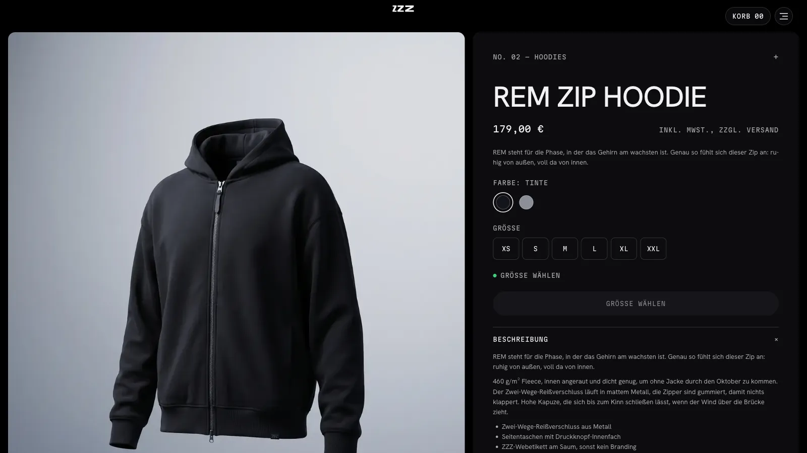 Produktseite des REM Zip Hoodie auf streetwearzzz.de: links die schwarze Zip-Jacke groß vor hellgrauem Grund, rechts auf einer dunklen Karte Titel, Preis 179 Euro, zwei Farbpunkte, sechs Größen von XS bis XXL und der Hinweis „Größe wählen“