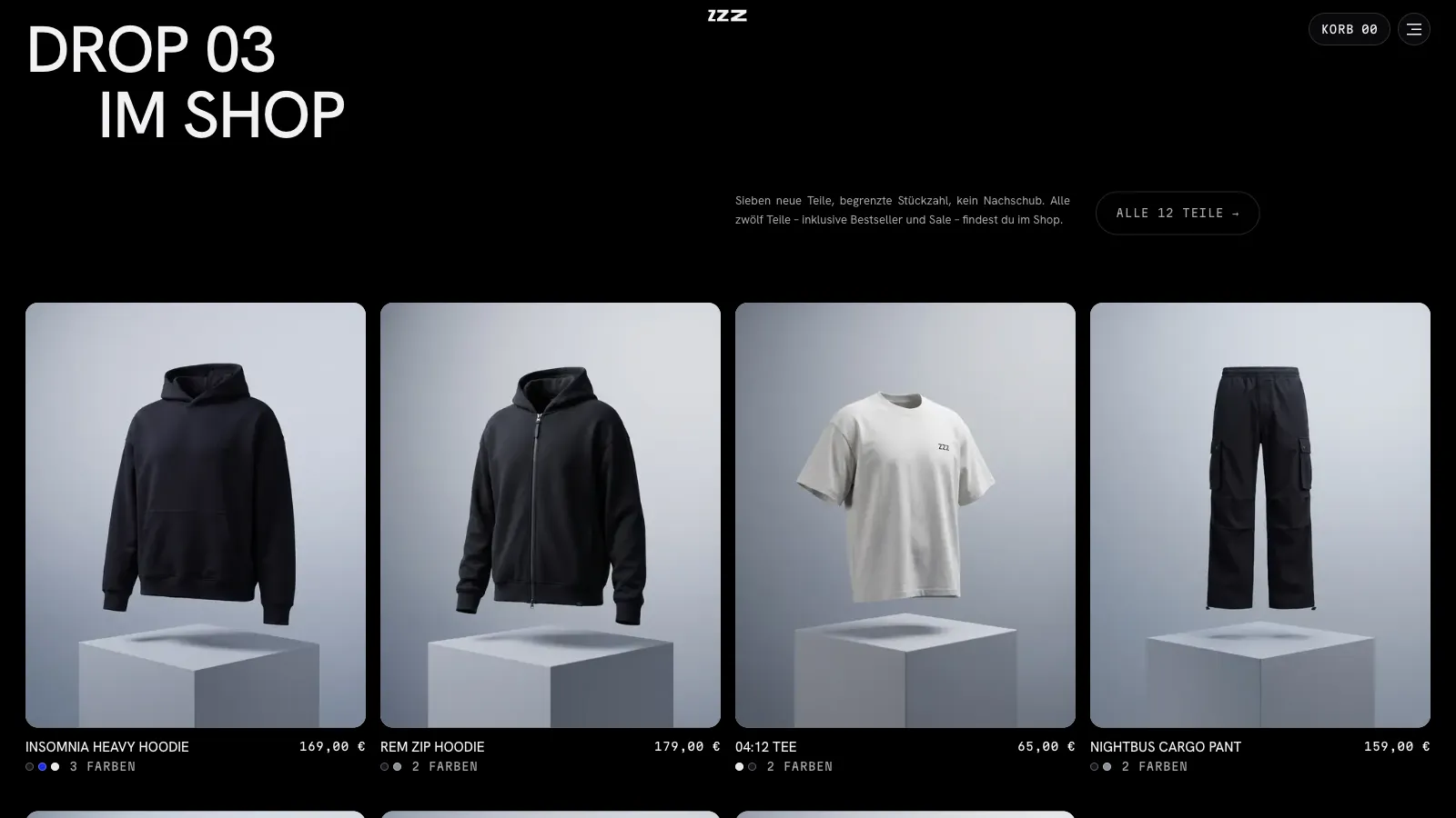 Kapitel „Drop 03 im Shop“ auf streetwearzzz.de: auf schwarzem Grund die Überschrift in zwei versetzten Zeilen, darunter vier Produktkarten mit Insomnia Heavy Hoodie, REM Zip Hoodie, 04:12 Tee und Nightbus Cargo Pant, jeweils schwebend über einem grauen Sockel, mit Preis und Anzahl der Farben