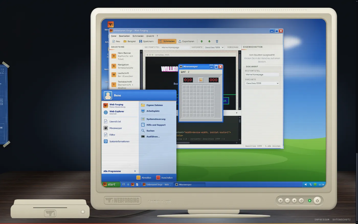 Desktop von Webforging XP mit geöffnetem Startmenü, dem Programm Web Forging und Minesweeper im Vordergrund