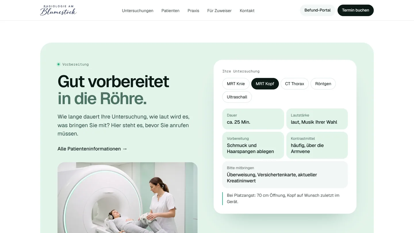 Untersuchungs-Kompass auf drimagination.de: links die Headline „Gut vorbereitet in die Röhre.“, rechts eine Karte mit Reitern für MRT Knie, MRT Kopf, CT Thorax, Röntgen und Ultraschall, gewählt ist MRT Kopf mit Dauer, Lautstärke, Vorbereitung, Kontrastmittel und Mitbringliste