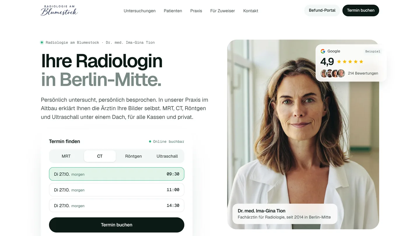 Startseite von Radiologie am Blumestock: Headline „Ihre Radiologin in Berlin-Mitte.“, Terminfinder mit freien Terminen und das Porträt der Ärztin