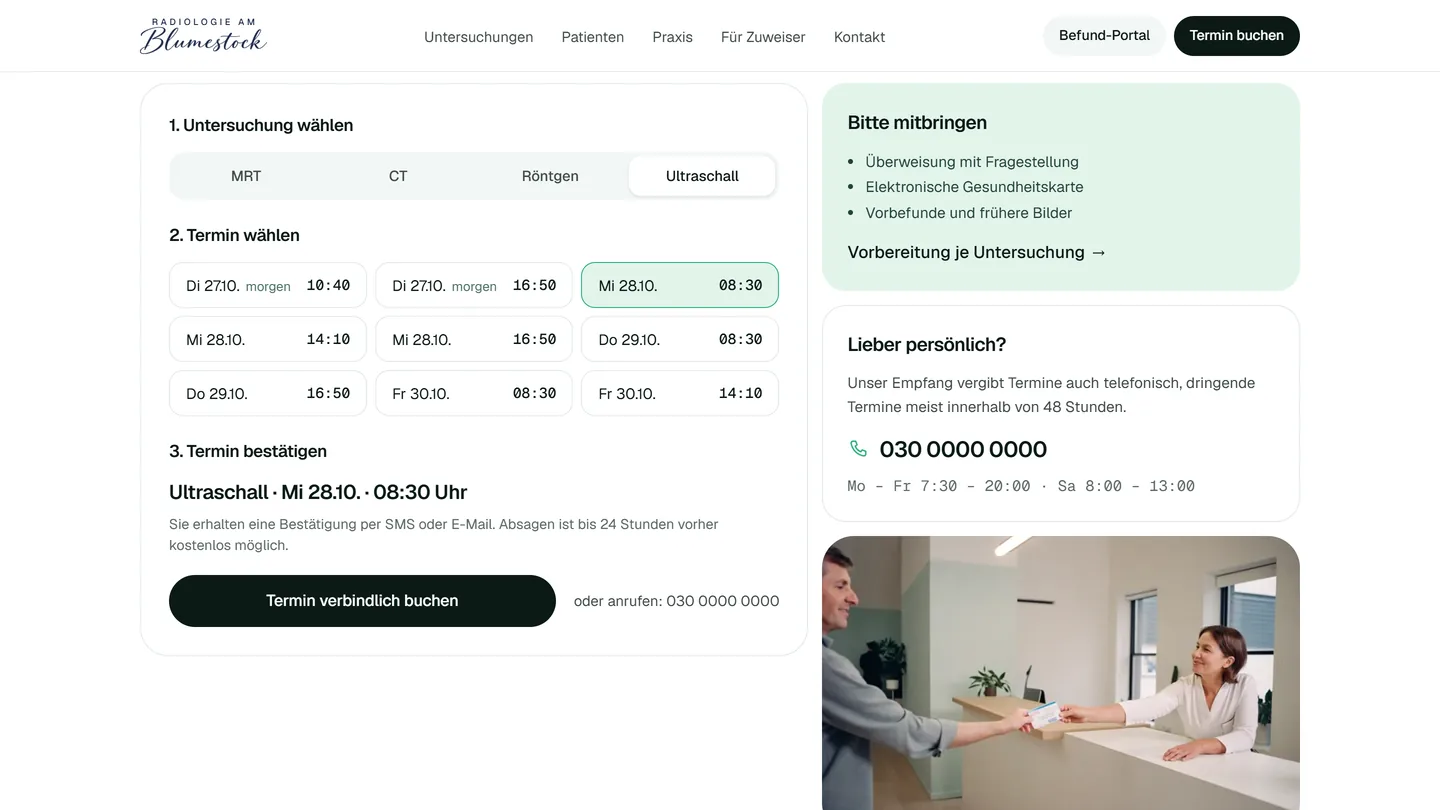 Buchungsseite auf drimagination.de: links die drei Schritte Untersuchung wählen, Termin wählen und Termin bestätigen mit einem Ultraschall-Termin, rechts die Liste „Bitte mitbringen“, ein Kasten für Anrufe und ein Foto vom Empfang