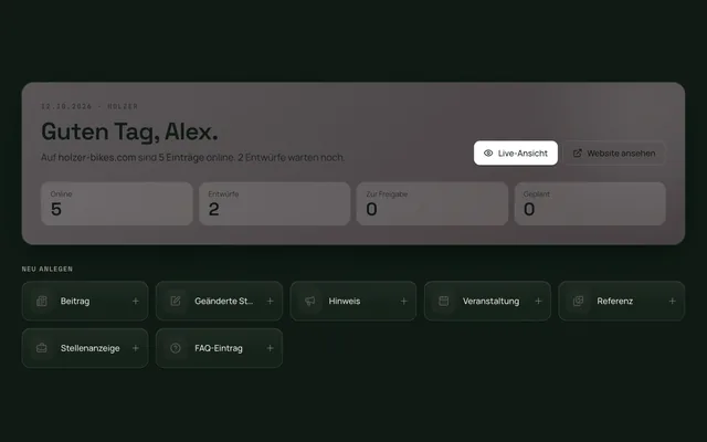 Übersicht im Webforging CMS mit Bereichen wie Beitrag, Veranstaltung, Referenz, Stellenanzeige und FAQ-Eintrag