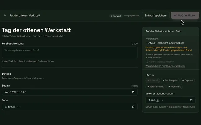 Termin im Webforging CMS mit den Status Entwurf, Zur Freigabe, Geplant und Veröffentlicht